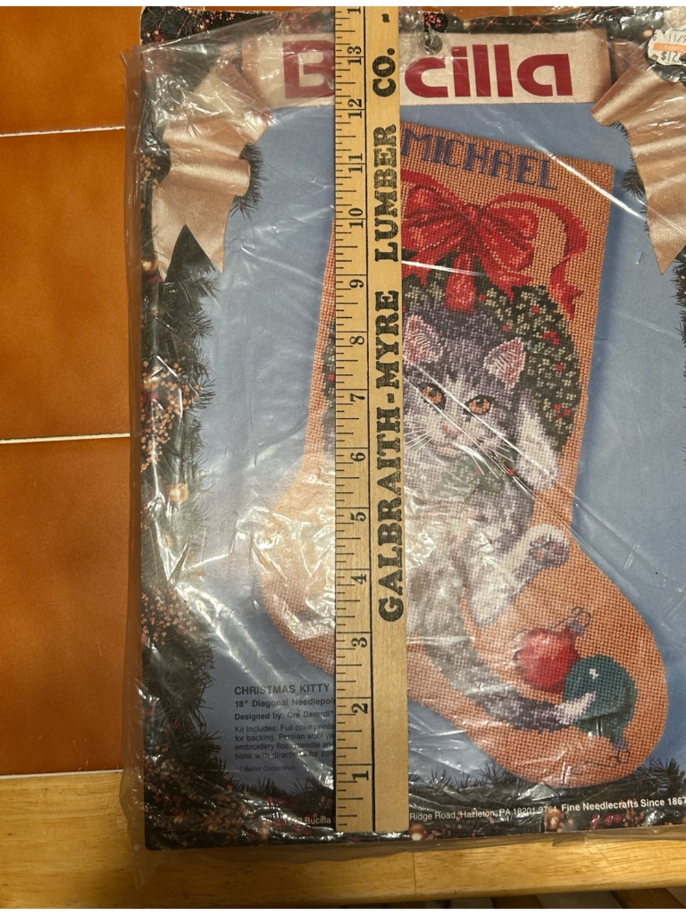 1993 Bucilla Christmas Kitty Needlepoint Stocking #60714 Cat 18” Open Package - Picture 3 of 10